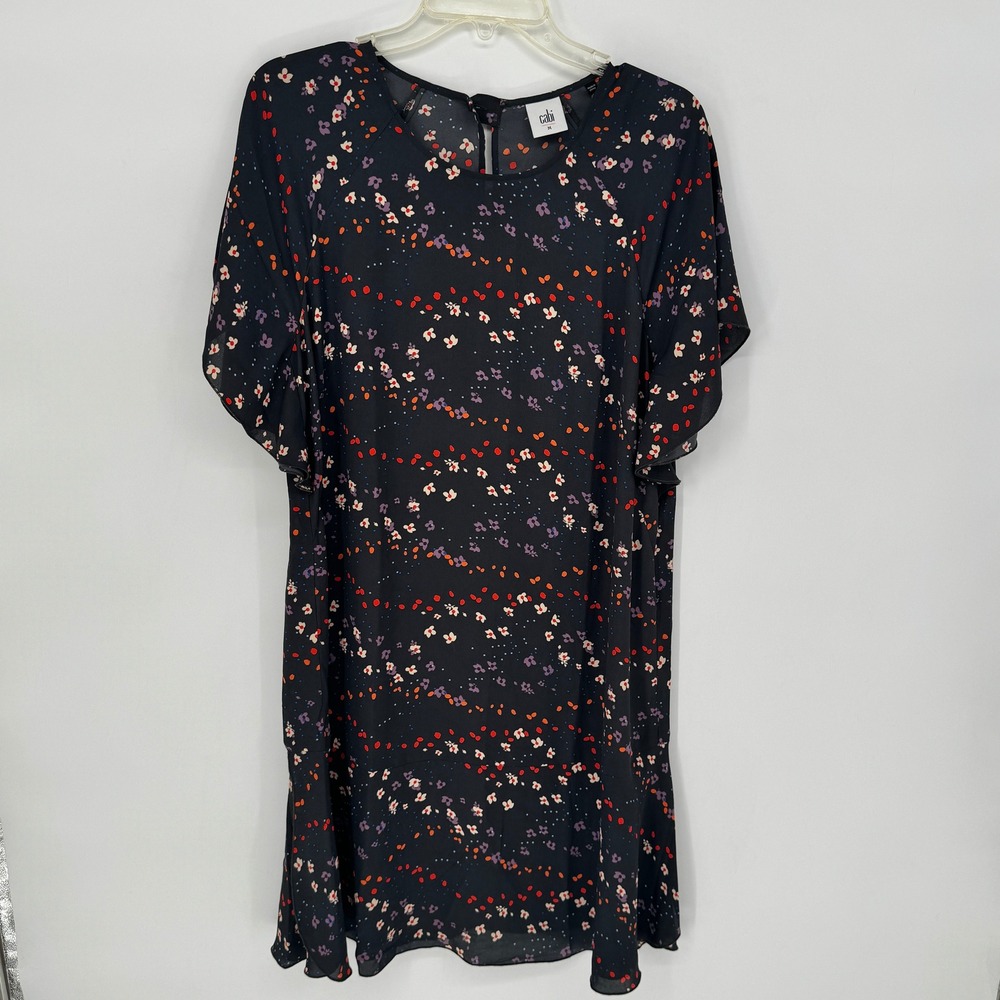 Cabi Womens Black Floral Confetti Flutter Sleeve Shift Dress Size Medium